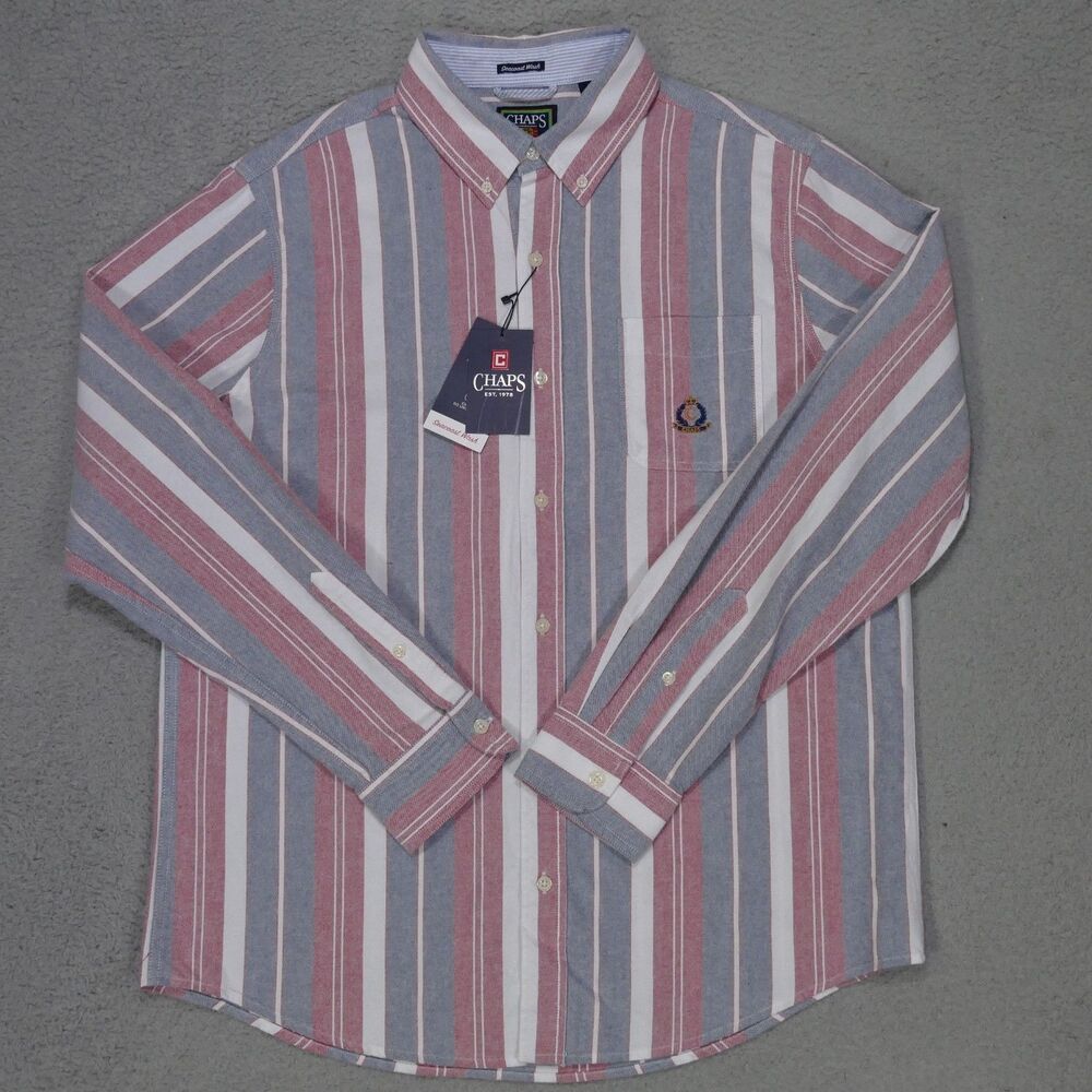 Chaps Seacoast Wash Oxford Shirt Mens Large Blue Red Striped Long Sleeve